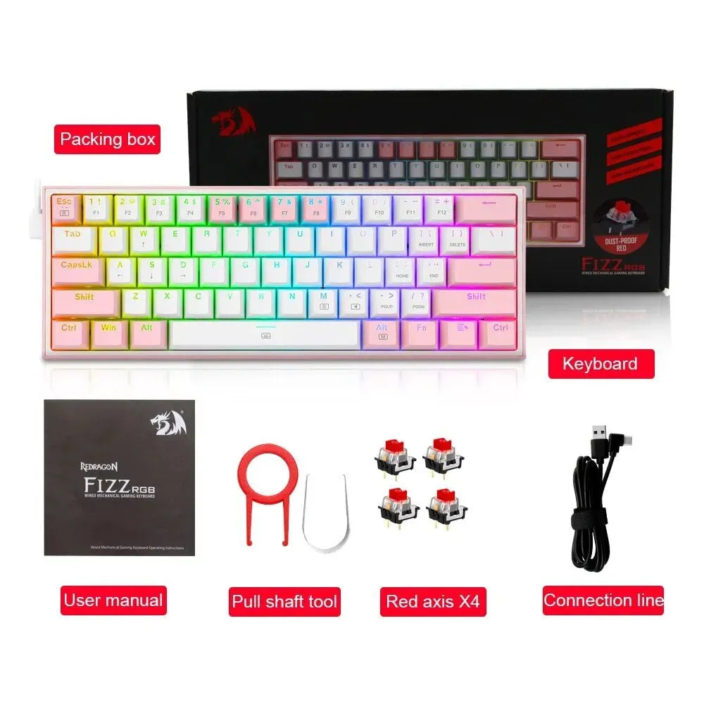White and pink K617 mechanical keyboard with RGB backlit keys on a desk.