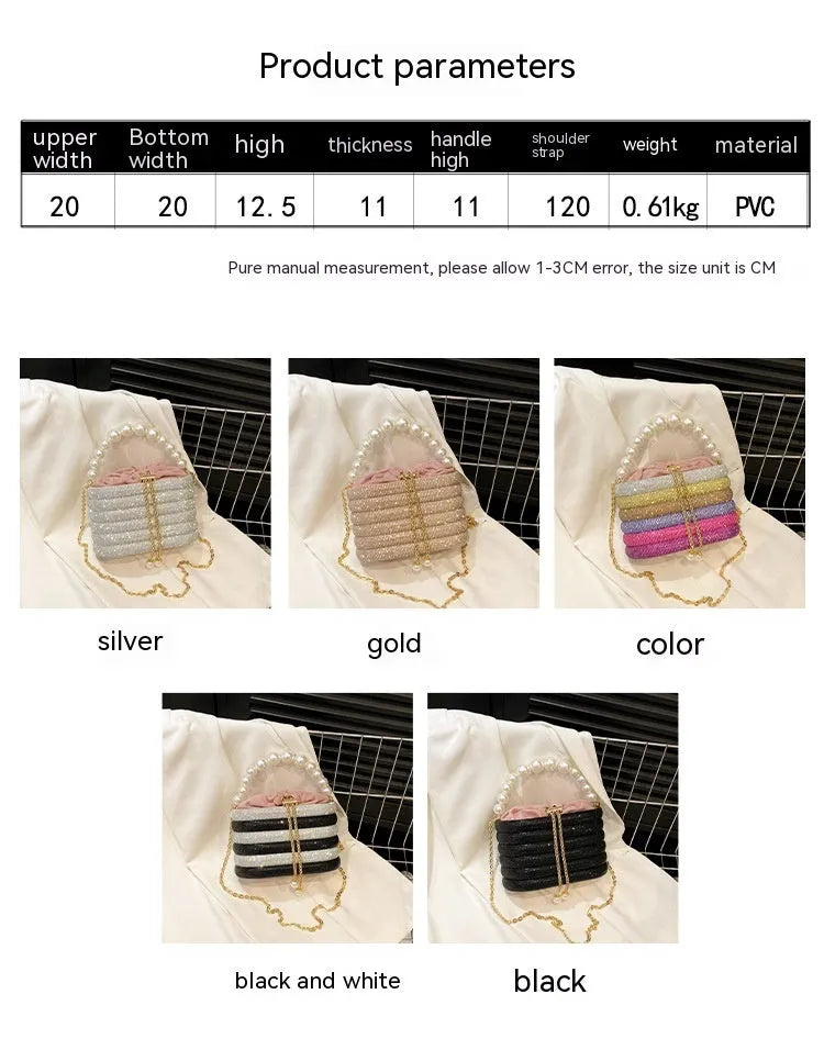 Women's retro style crossbody bag with pearl beads and rounded shape in soft PU material