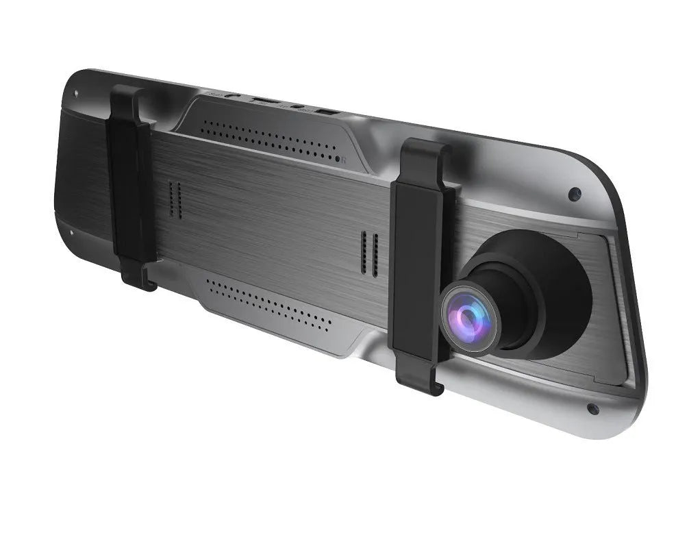 Black driving recorder with large touch screen integrated into a rearview mirror design