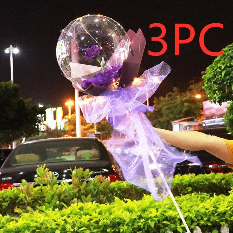 Transparent round LED luminous balloon rose bouquet with artificial flower and lights for DIY assembly