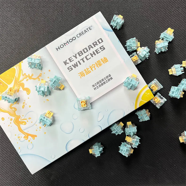 36 Sea Salt Lemon PRO Mute coloured mechanical keyboard switches laid out in rows.