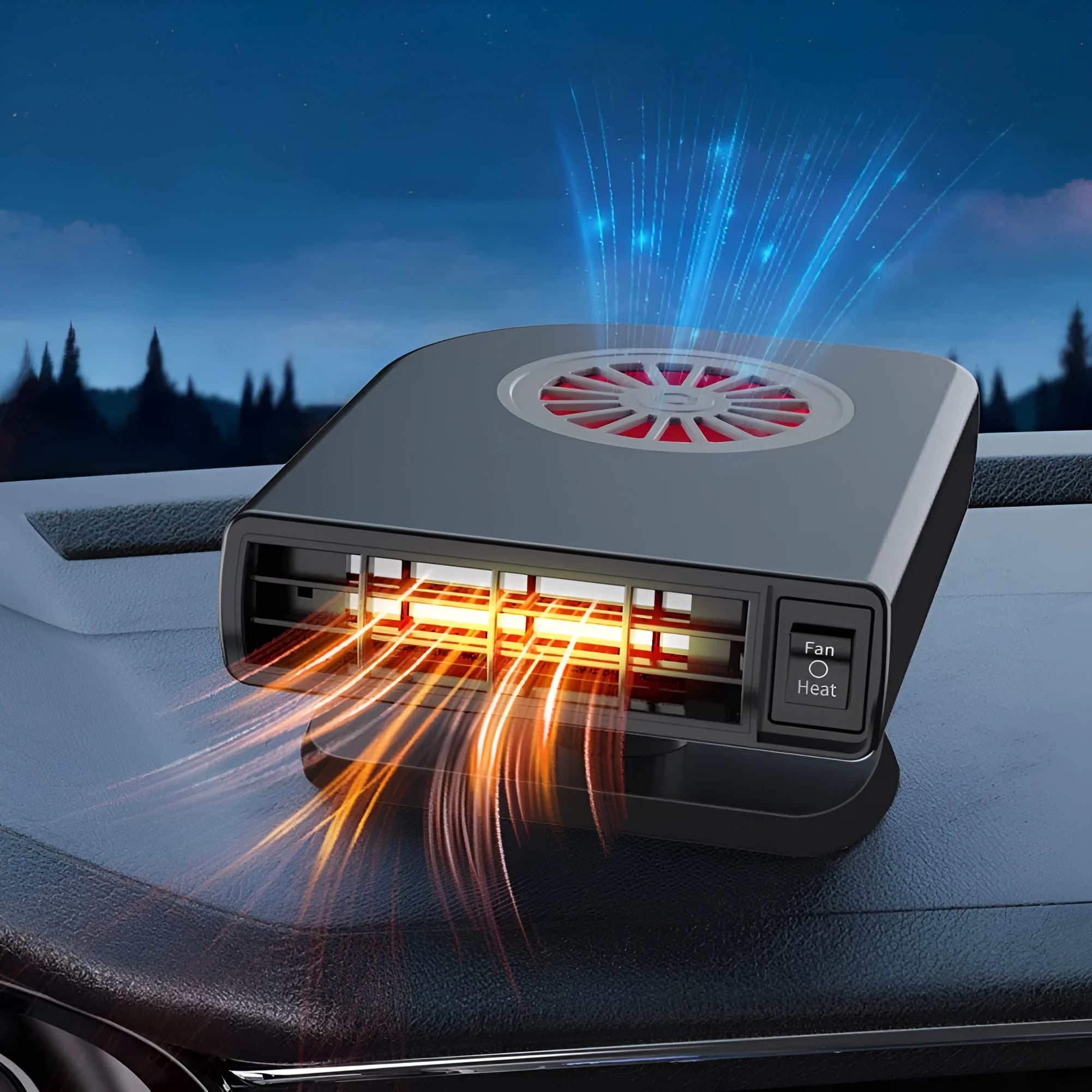 Black portable 12v car heater defogger with adjustable vents on a car dashboard.