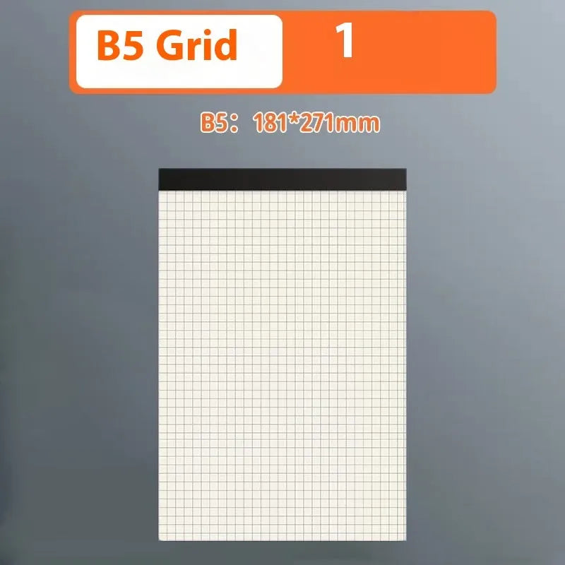 Set of writing pads in A5, B5, and A4 sizes showing blank, grid, and horizontal line page rulings.