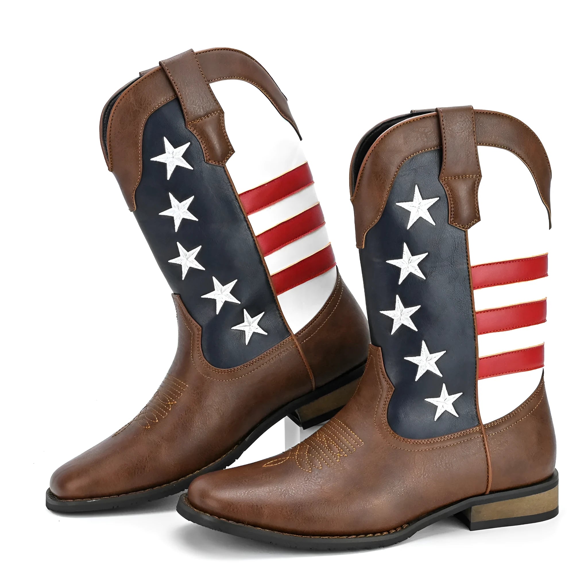 Men's black cowboy boots with a five-pointed star design on the upper and a low square heel.