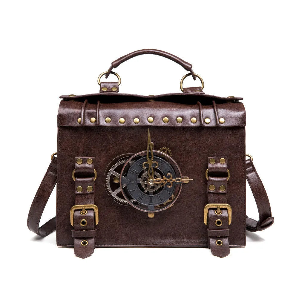 Bronze steampunk industrial retro shoulder bag with metal hardware and pillow bag shape