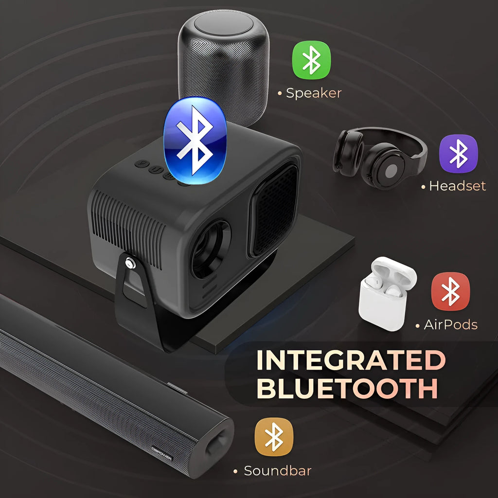 Black HD smart portable projector with remote control on white background