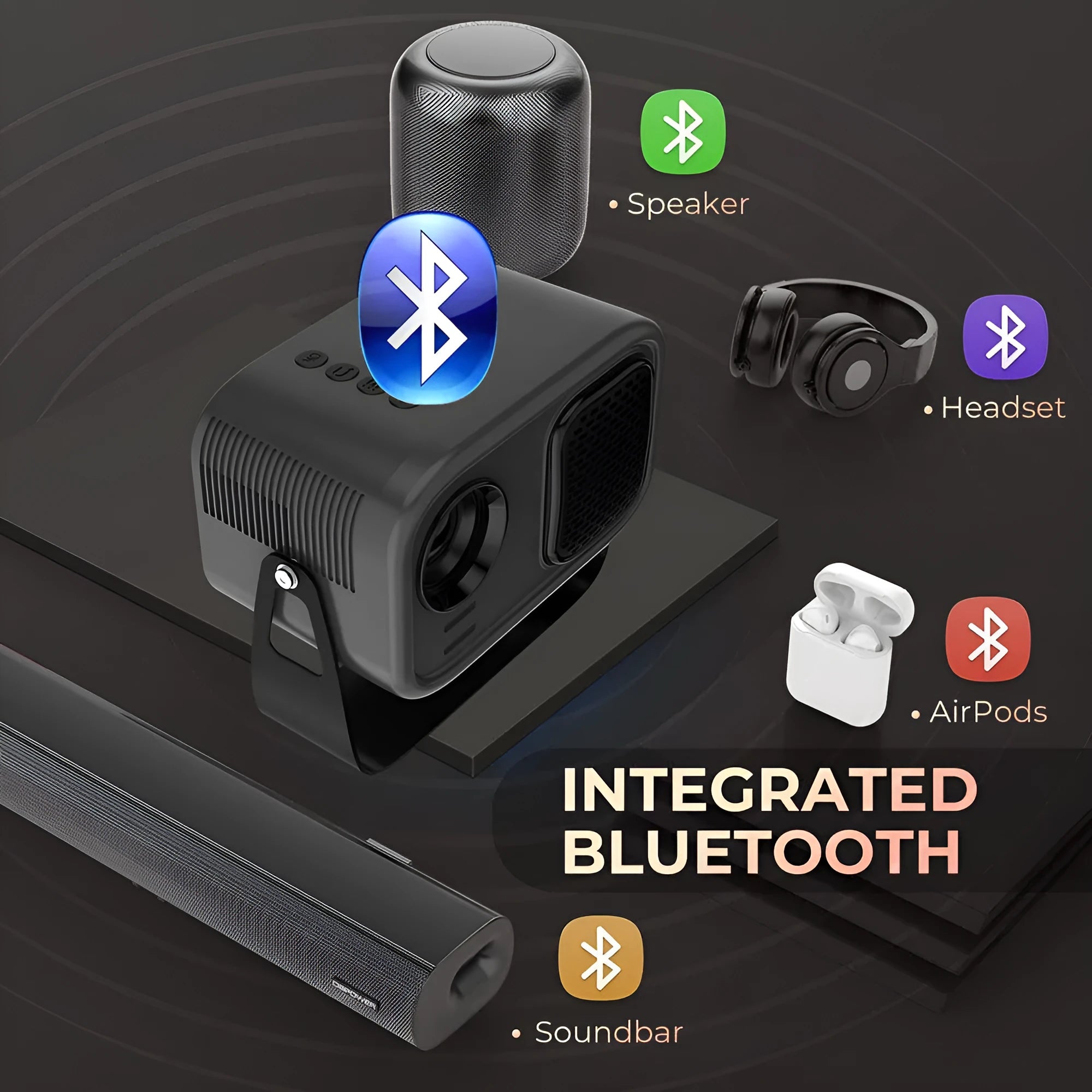 Black HD smart portable projector with remote control on white background