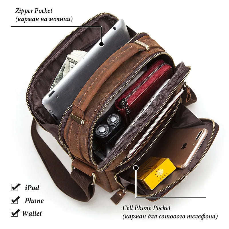 Men's brown genuine leather crossbody bag with retro style and visible stitching