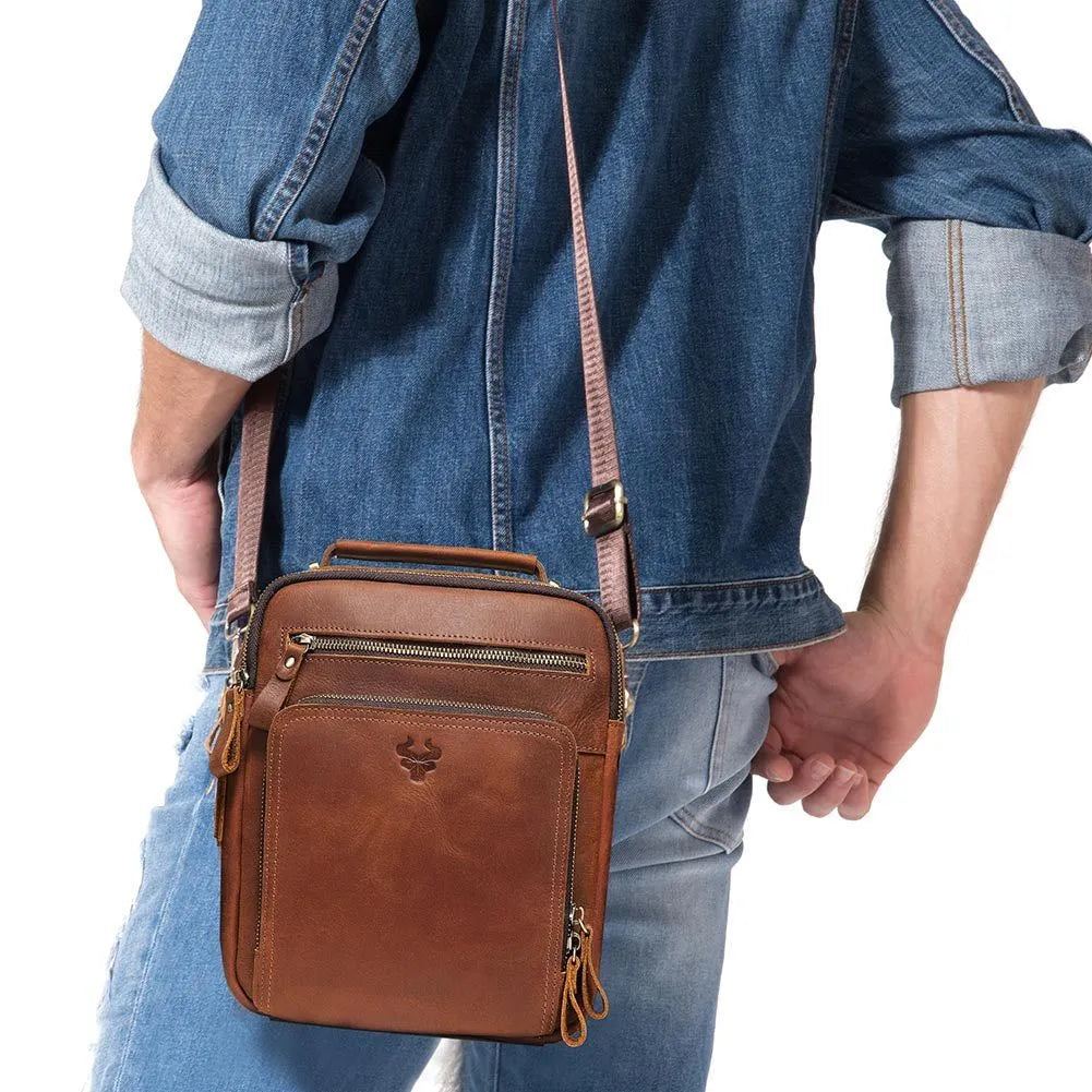 Men's brown genuine leather crossbody bag with retro style and visible stitching