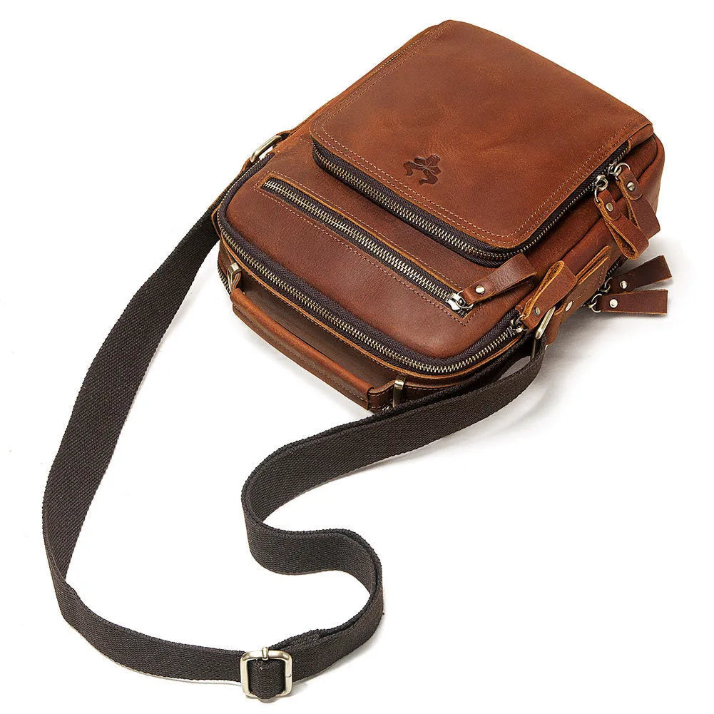 Men's brown genuine leather crossbody bag with retro style and visible stitching