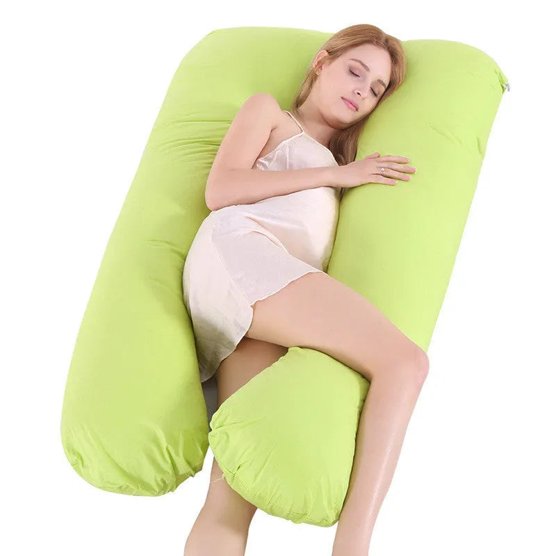 Large U-shaped pregnancy support pillow with removable cover in choice of fabrics.