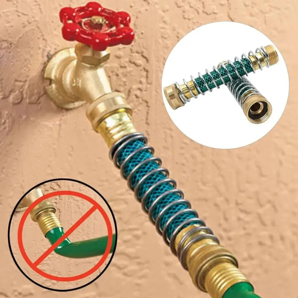 Brass garden spring hose connector with spiral spring, 15cm long with 3/4 inch threads.
