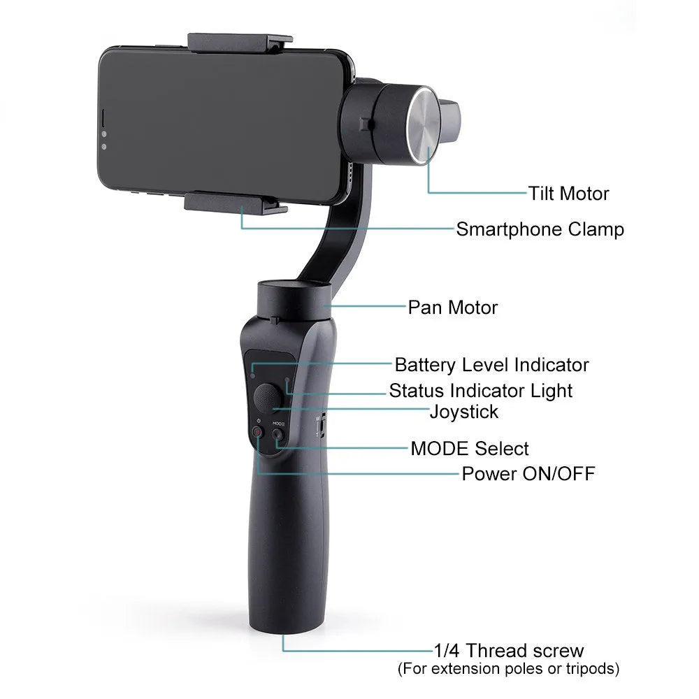 Black 3-axis handheld smartphone gimbal stabiliser for phones below 6.5 inches