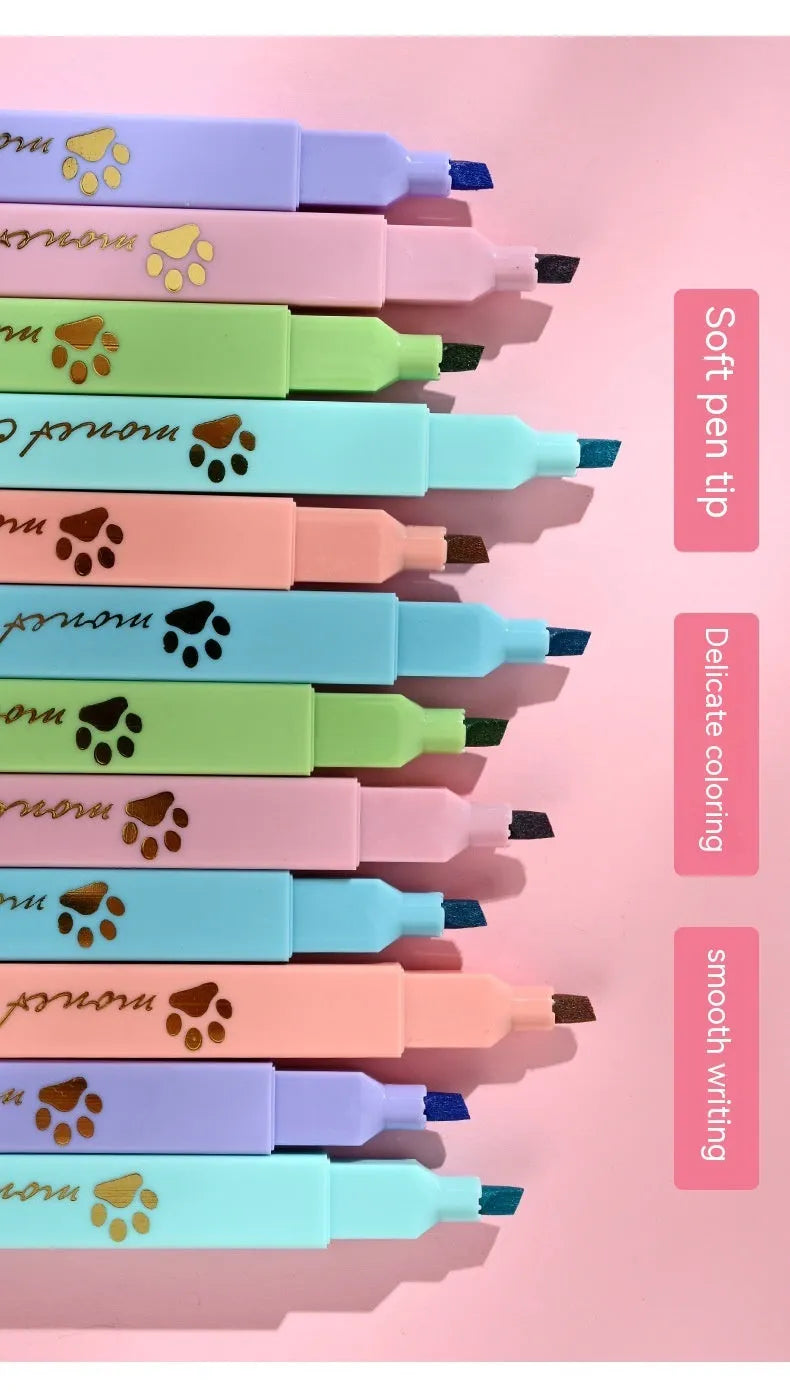 Cat's Paw brand set of six fluorescent marking pens with oblique heads in a gift box.
