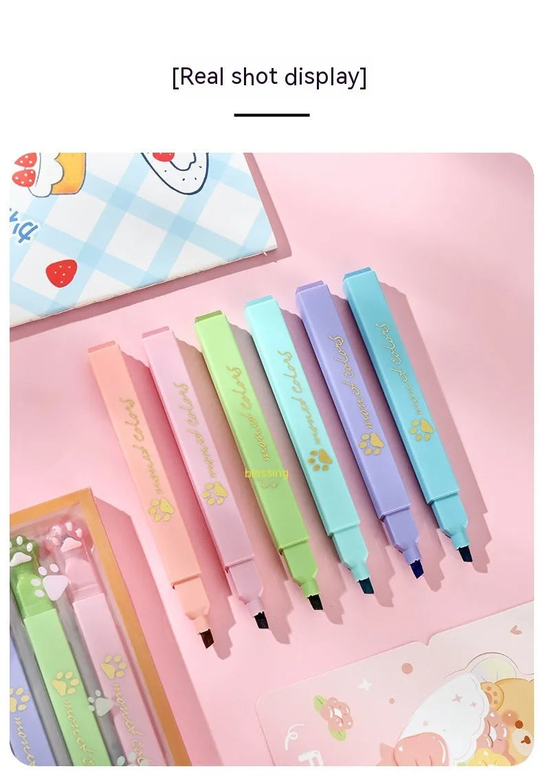 Cat's Paw brand set of six fluorescent marking pens with oblique heads in a gift box.