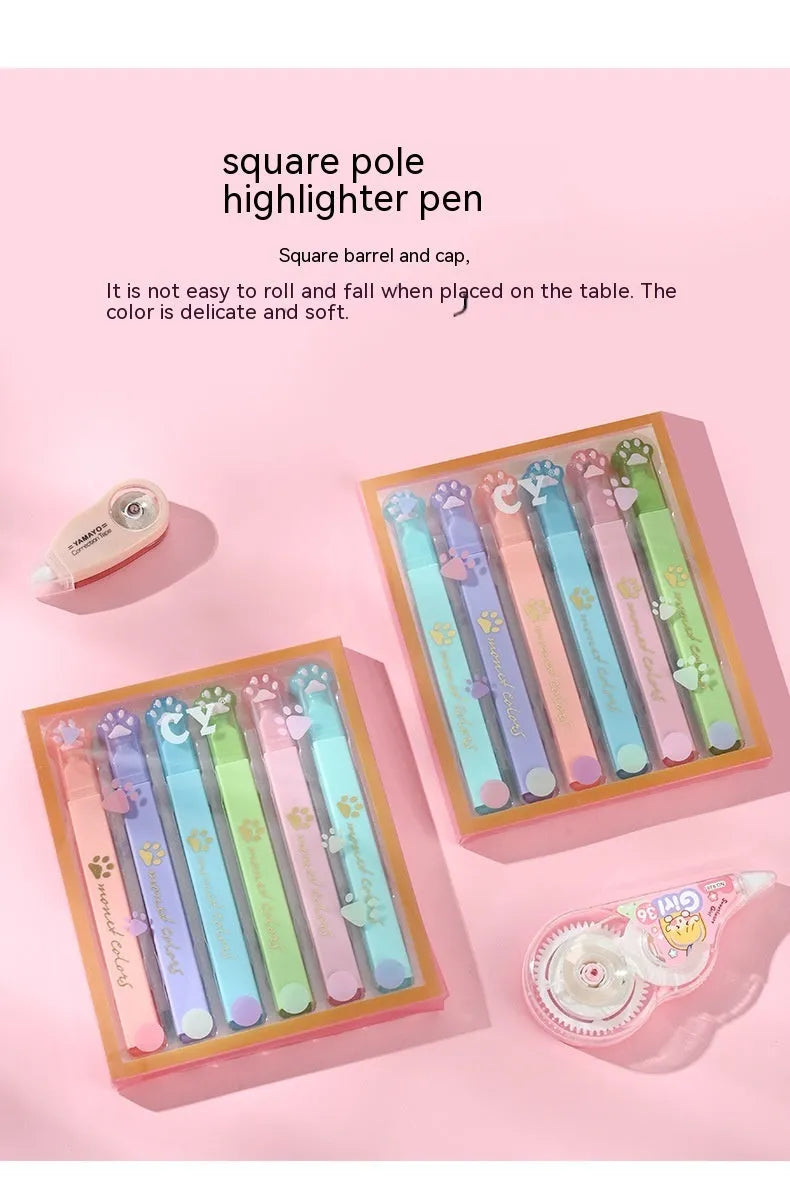 Cat's Paw brand set of six fluorescent marking pens with oblique heads in a gift box.