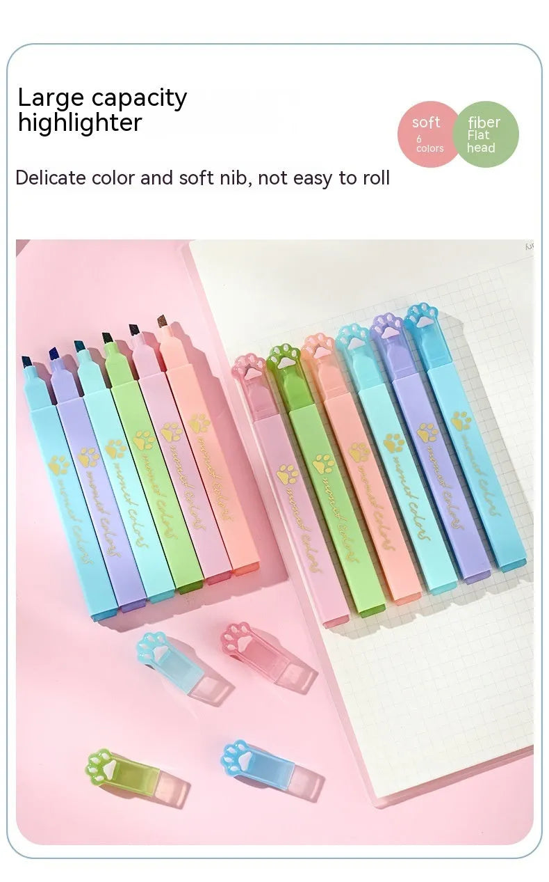 Cat's Paw brand set of six fluorescent marking pens with oblique heads in a gift box.