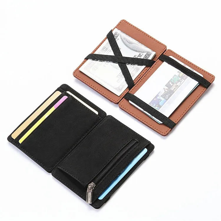 PU leather RFID anti-theft magic wallet with zipper coin pocket in a choice of solid colours.