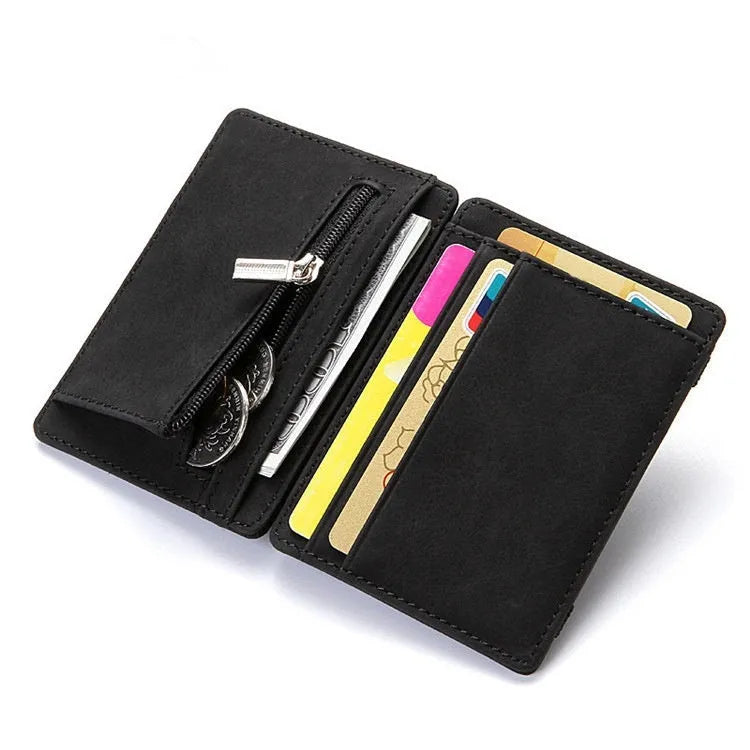 PU leather RFID anti-theft magic wallet with zipper coin pocket in a choice of solid colours.