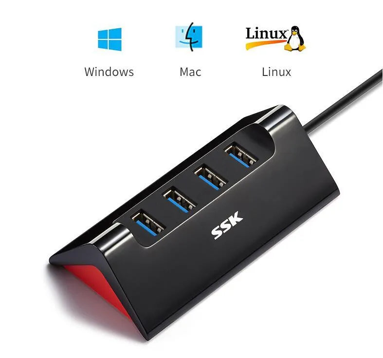 Black USB expansion dock with four ports and micro USB power connector