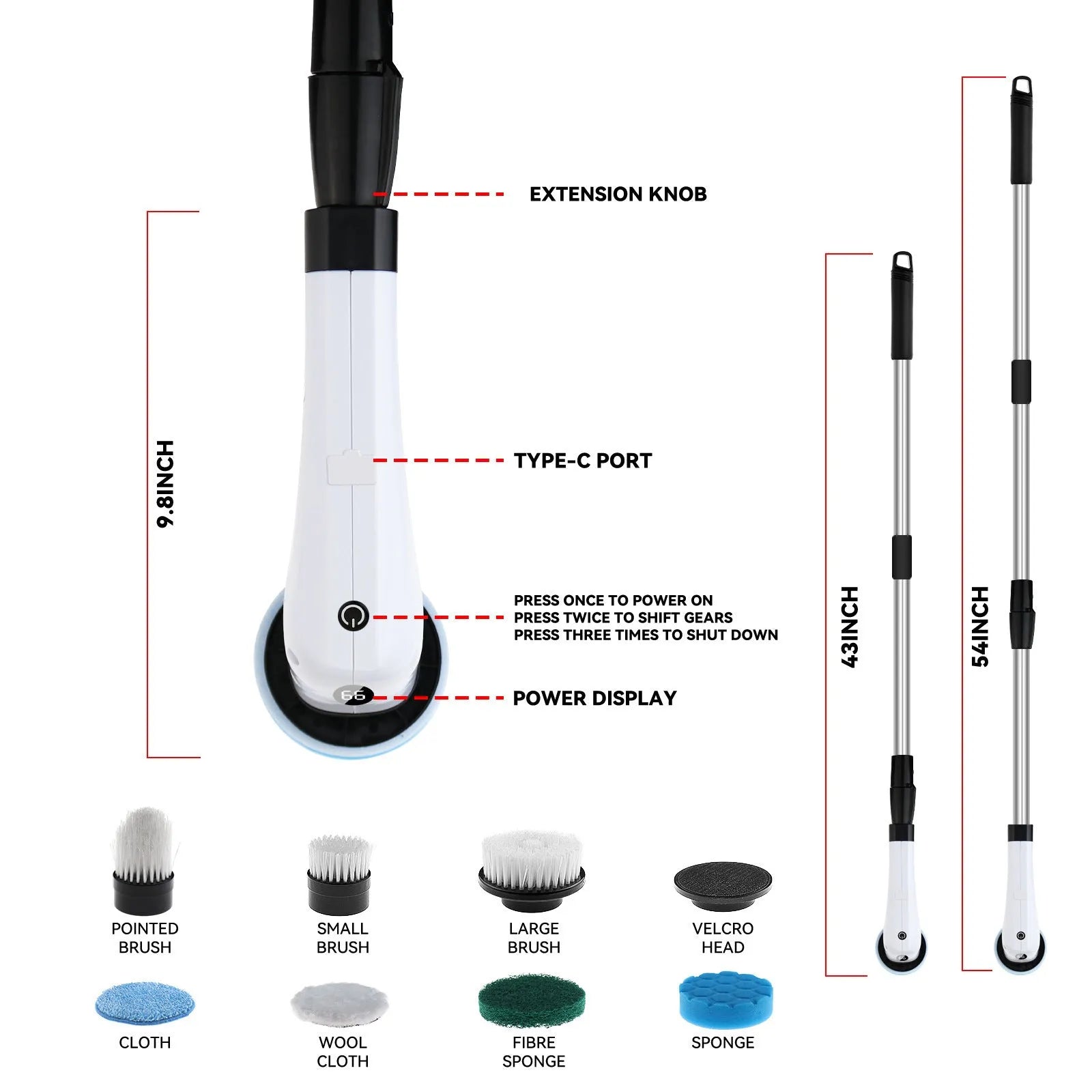 7-in-1 electric cleaning brush with nylon head and PP handle in black colour