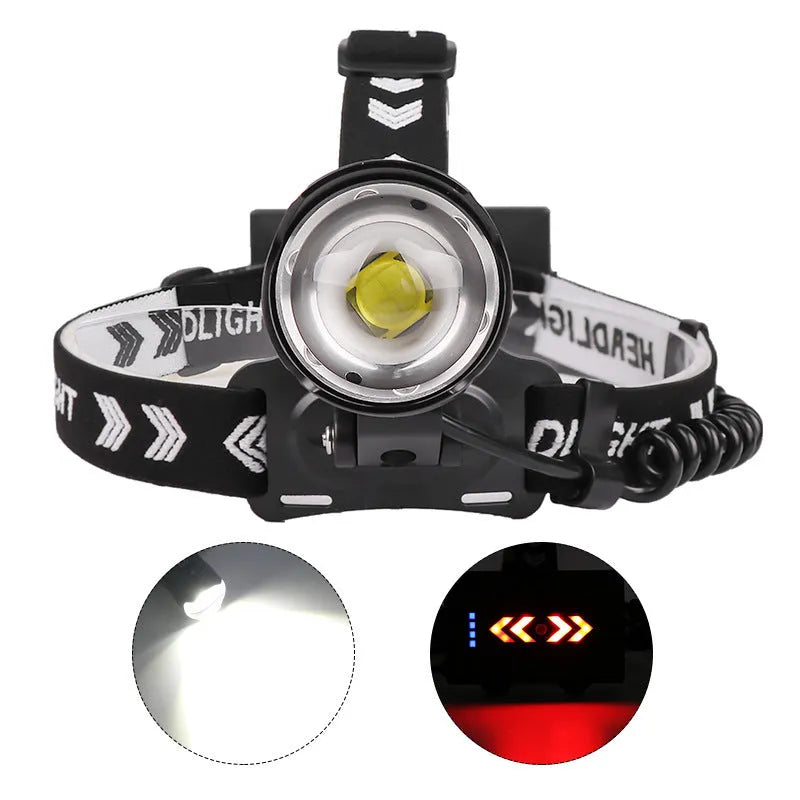 Black USB rechargeable aluminium alloy headlight with telescopic zoom lens and power display.