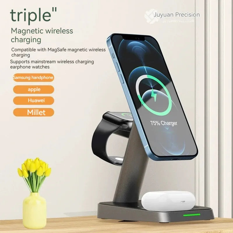 Black vertical wireless charging station with phone and watch charging on minimalist desk