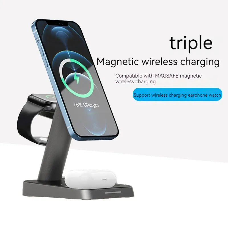 Black vertical wireless charging station with phone and watch charging on minimalist desk