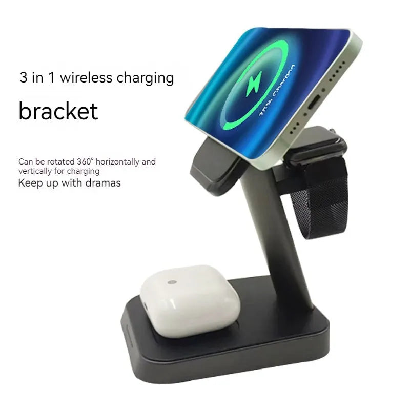 Black vertical wireless charging station with phone and watch charging on minimalist desk