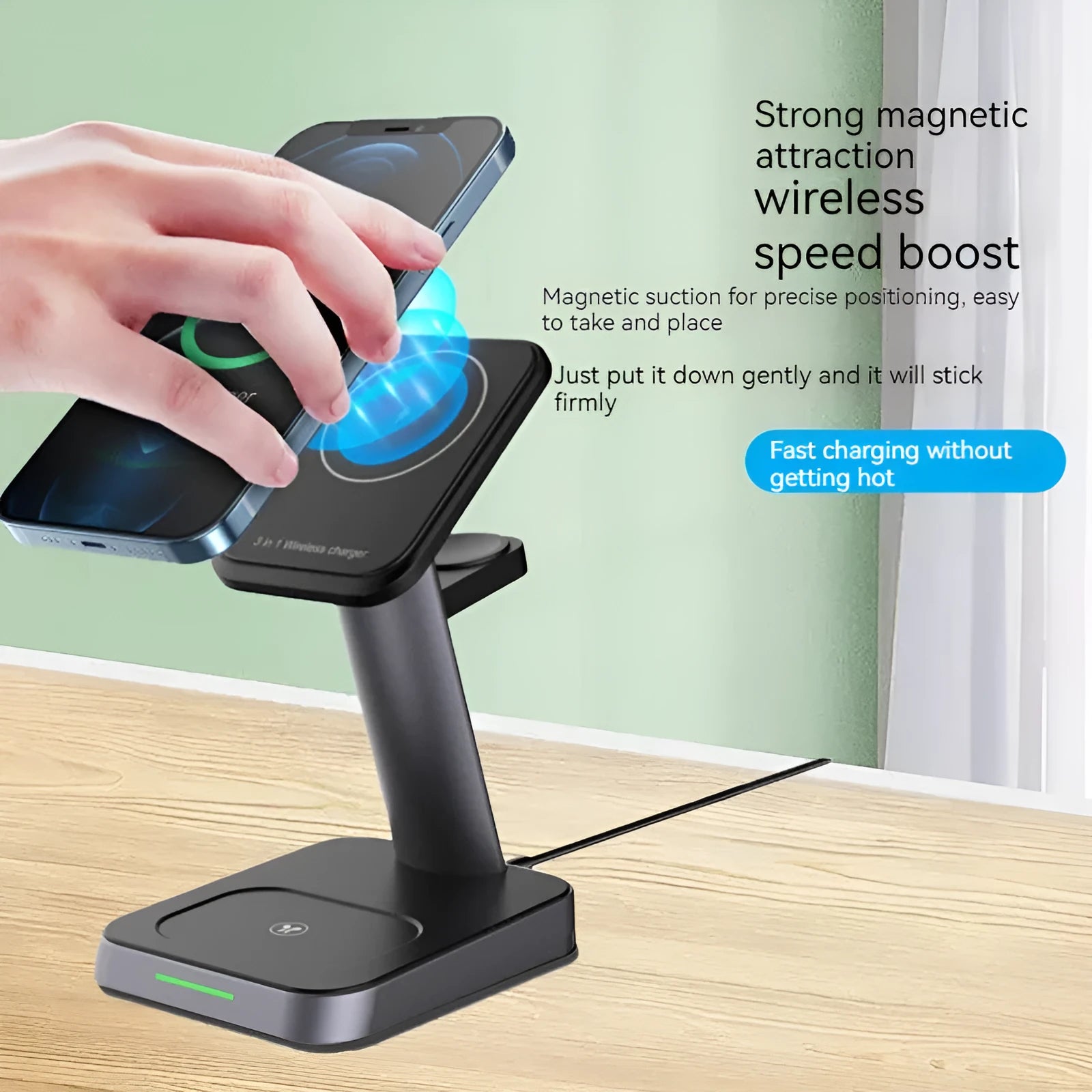 Black vertical wireless charging station with phone and watch charging on minimalist desk