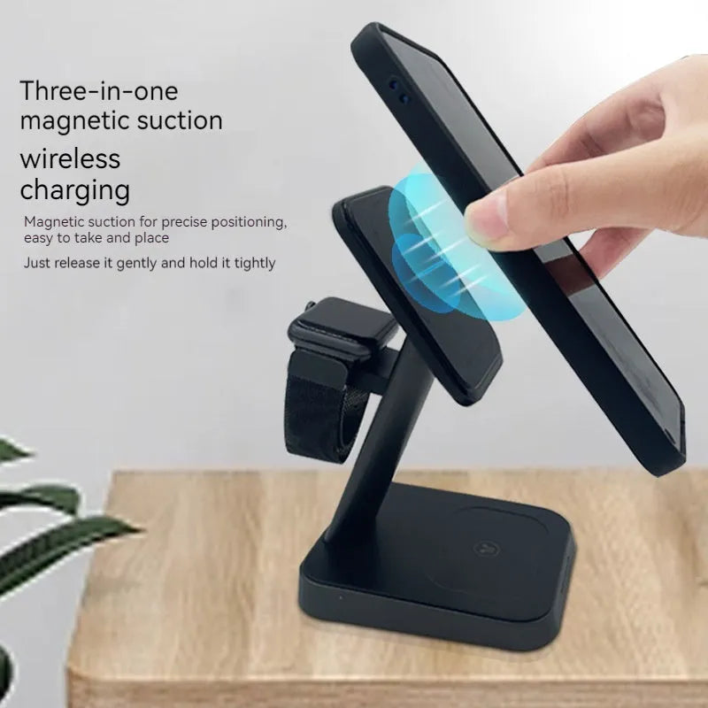 Black vertical wireless charging station with phone and watch charging on minimalist desk