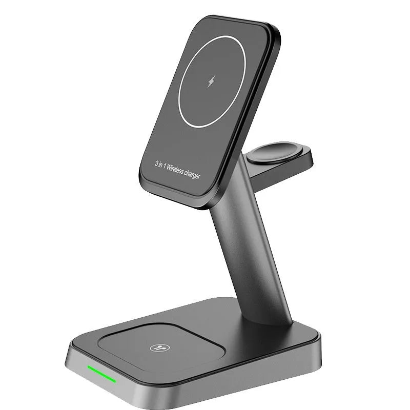 Black vertical wireless charging station with phone and watch charging on minimalist desk