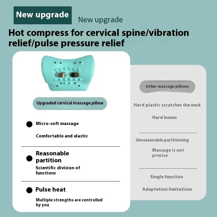 Blue-green portable cervical spine massage pillow with EMS and heat therapy functions