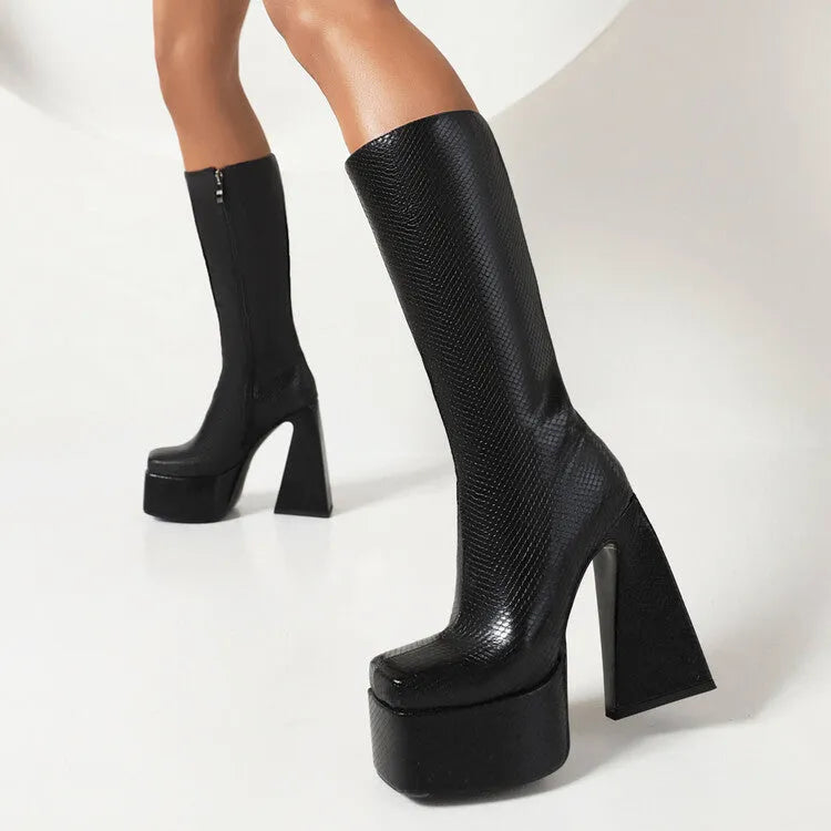 Women's casual high boots in black, red, blue and white colours with artificial PU upper