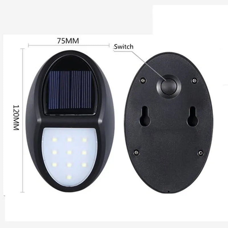 Black LED solar wall light with solar panel and automatic sensor for outdoor use