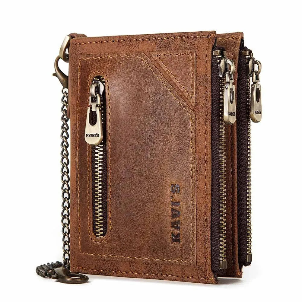 Dark brown genuine leather men's wallet with chain detailing and RFID anti-theft protection