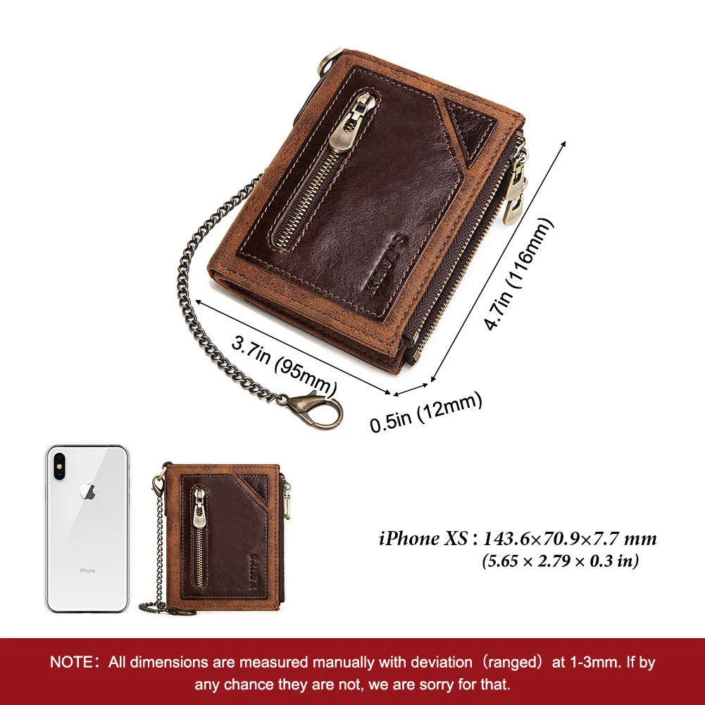 Dark brown genuine leather men's wallet with chain detailing and RFID anti-theft protection
