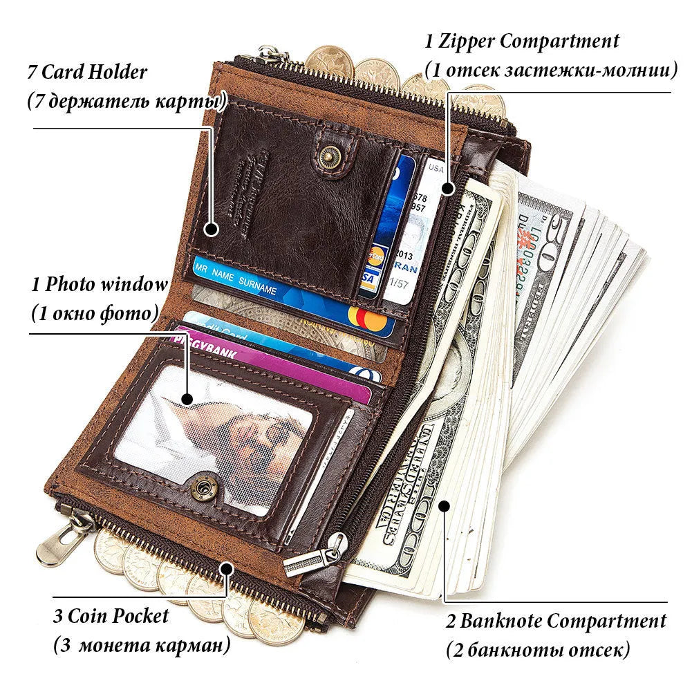 Dark brown genuine leather men's wallet with chain detailing and RFID anti-theft protection