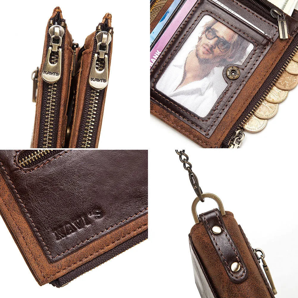 Dark brown genuine leather men's wallet with chain detailing and RFID anti-theft protection