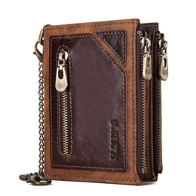 Dark brown genuine leather men's wallet with chain detailing and RFID anti-theft protection