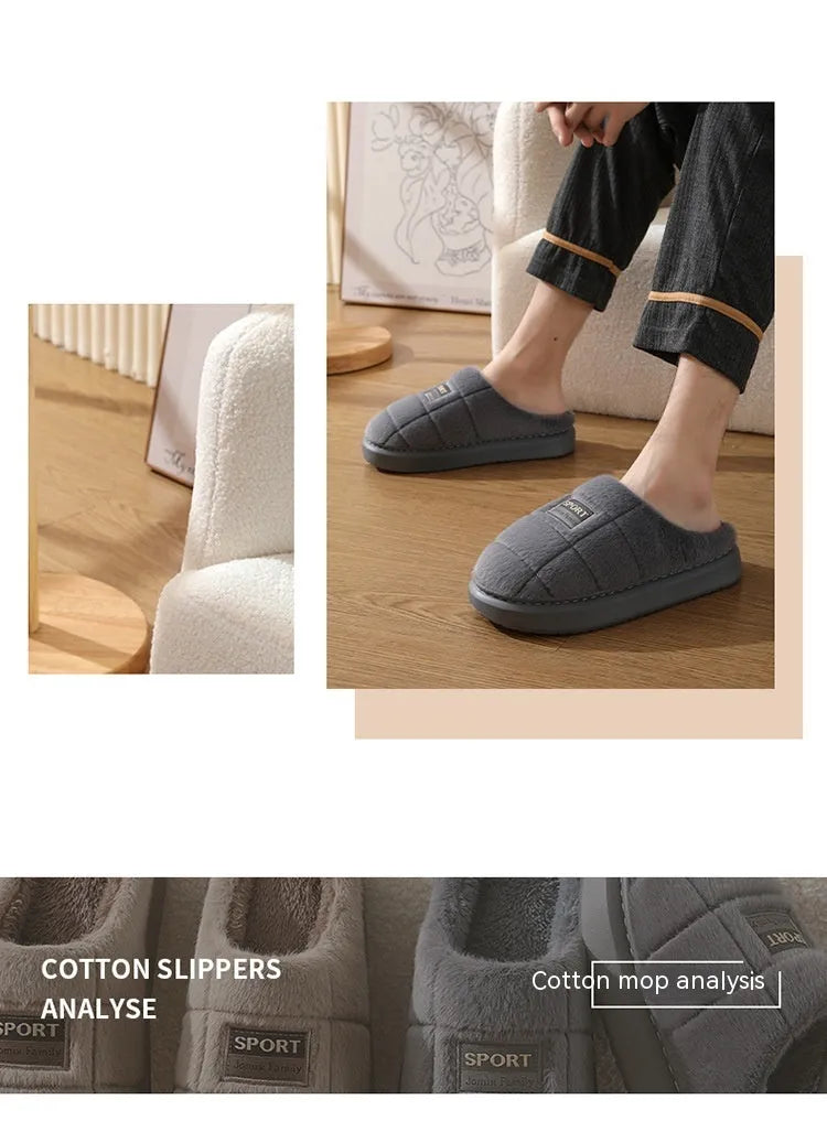 Men's grey plaid rabbit hair slippers with a thick sole, shown on a wooden floor.