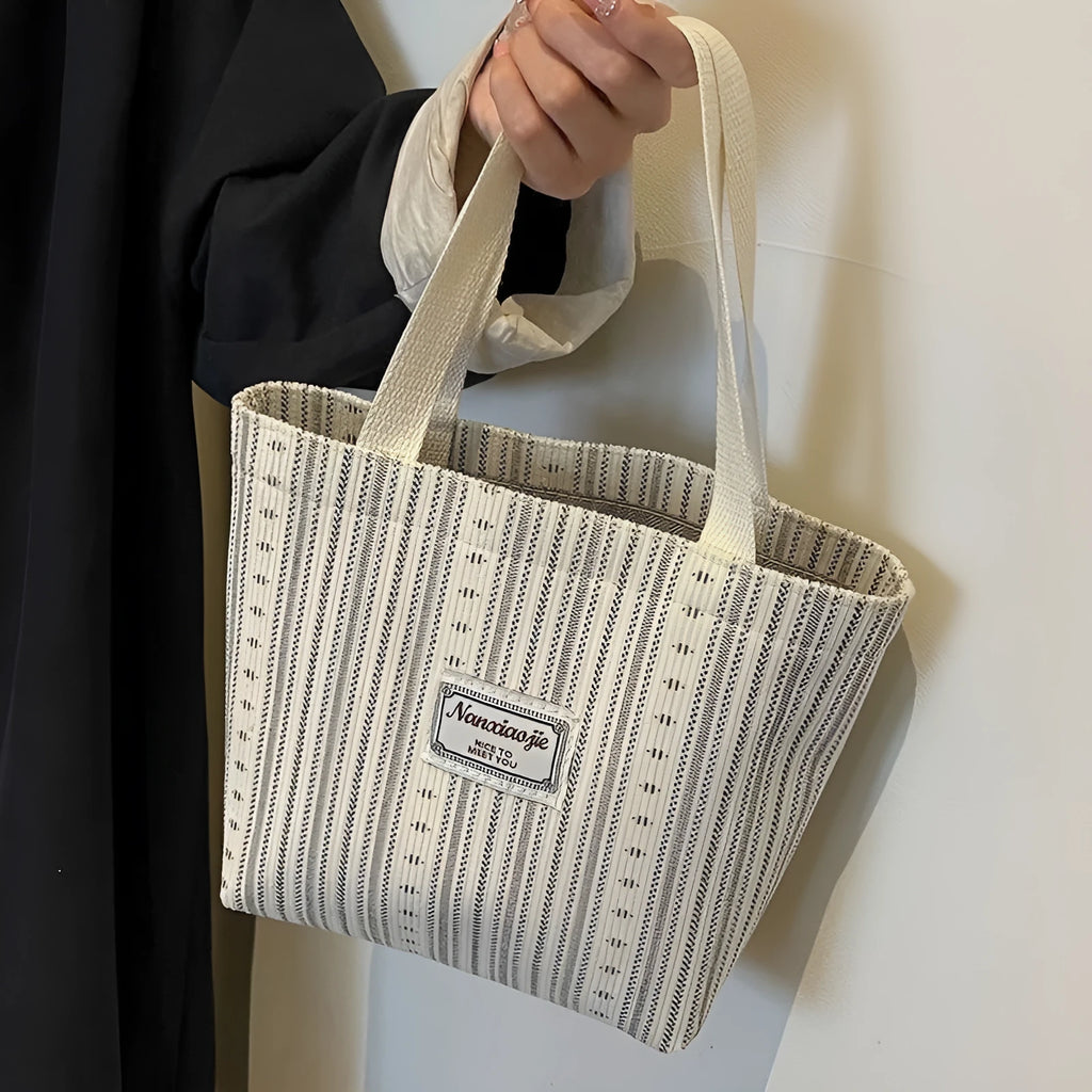 Japanese style corduroy women's tote handbag with large capacity and shoulder strap