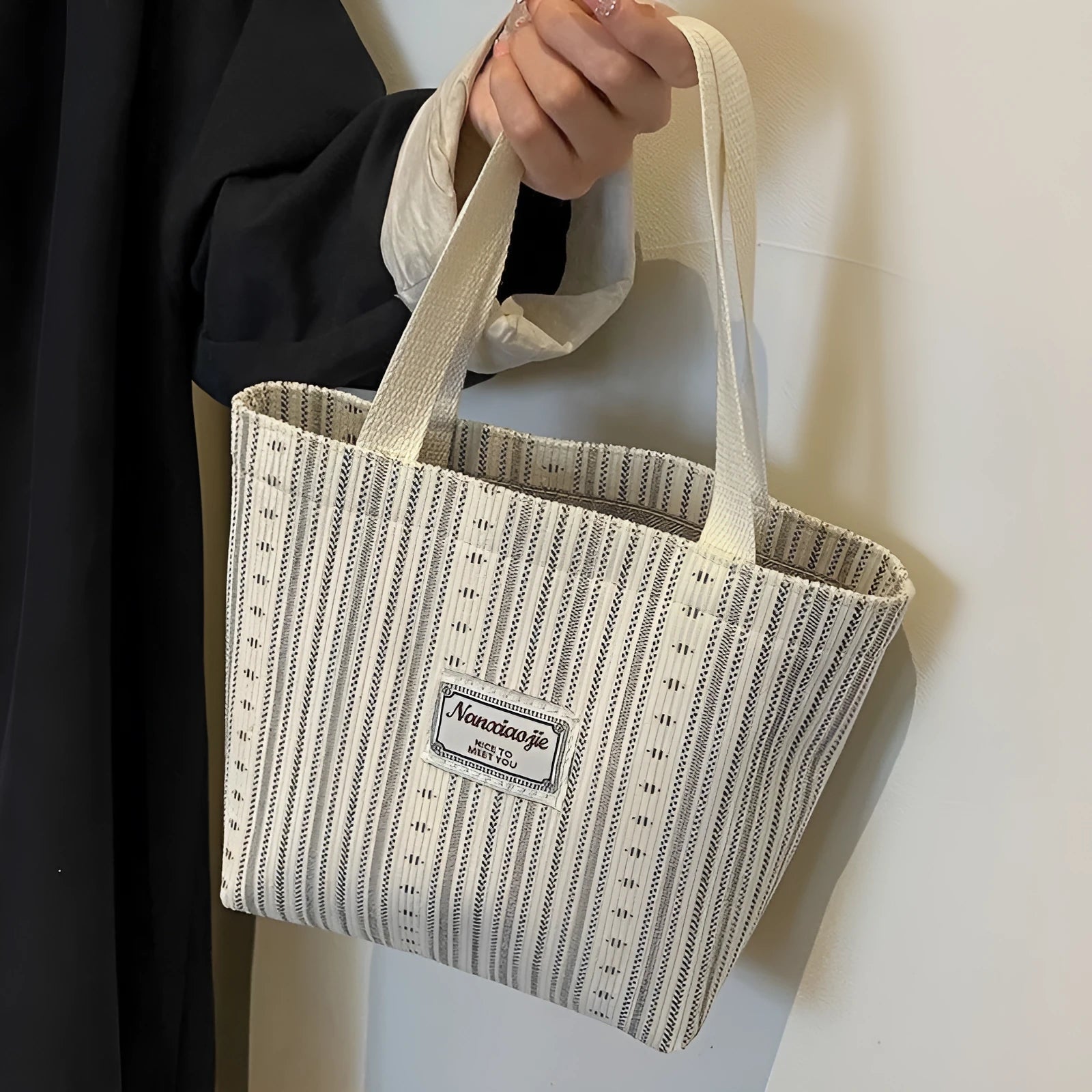 Japanese style corduroy women's tote handbag with large capacity and shoulder strap