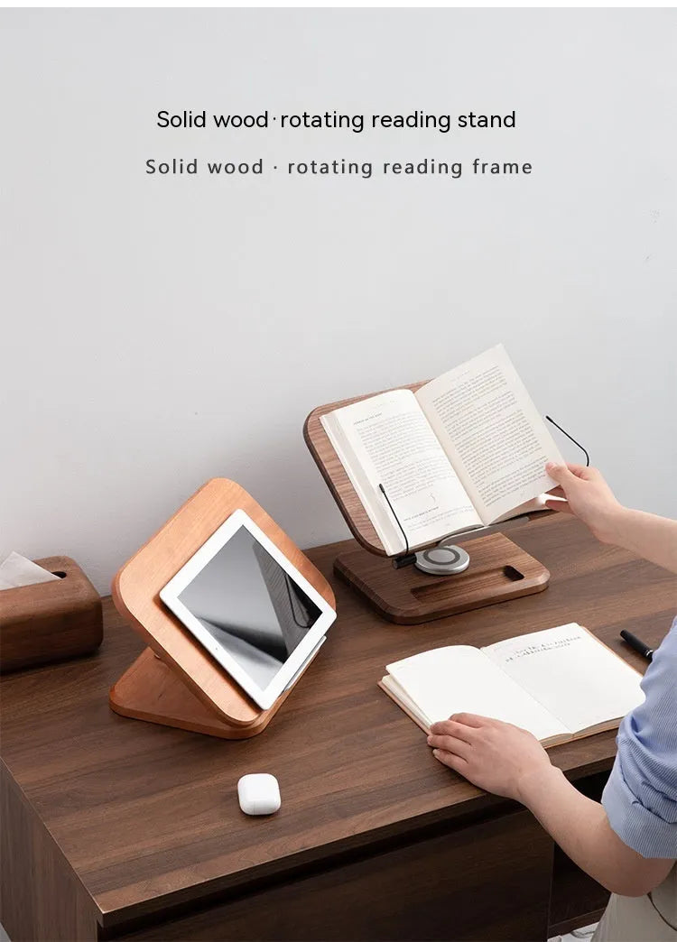 Walnut-coloured solid wood adjustable reading rack holding a book.