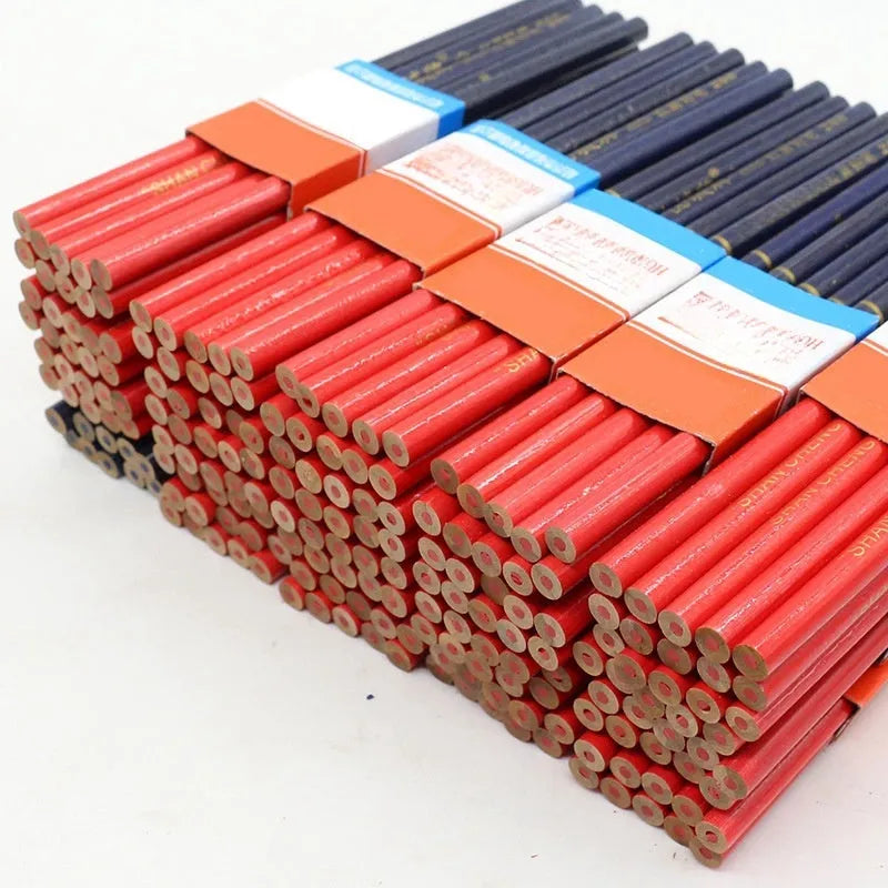 Ten red and blue wooden carpenter pencils with round barrels arranged together.