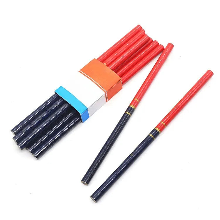 Ten red and blue wooden carpenter pencils with round barrels arranged together.