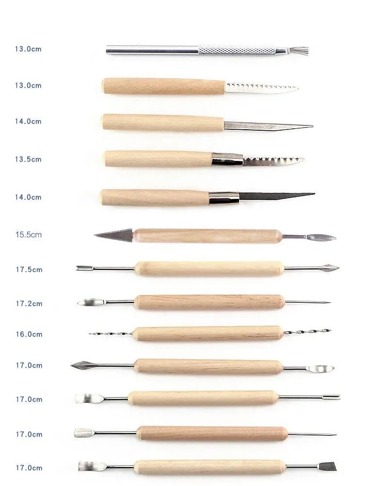 27-piece brown pottery clay tool set with wood, stainless steel and plastic tools rolled in a storage package.