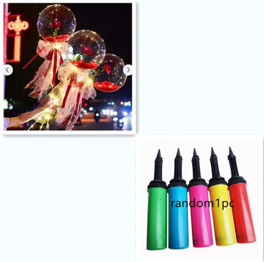Transparent round LED luminous balloon rose bouquet with artificial flower and lights for DIY assembly