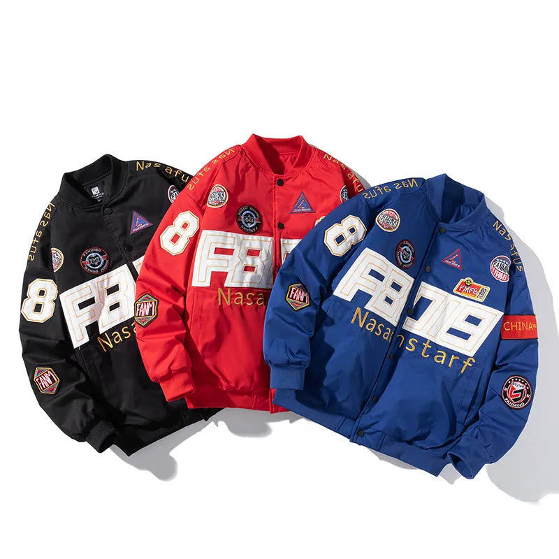 Black American motorcycle baseball uniform with removable hood for couples in autumn winter style