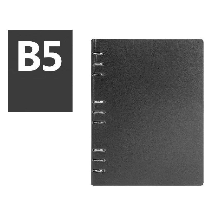 Imitation leather loose-leaf notebook in red, shown open, with A5, A6, and B5 size options.